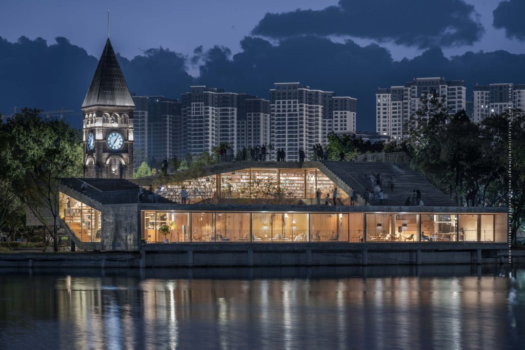 Mengzi NSAU Bookstore นร้านหนังสือใต้ทางเดิน สวนสาธารณะ ริมทะเลสาบ ประเทศจีน