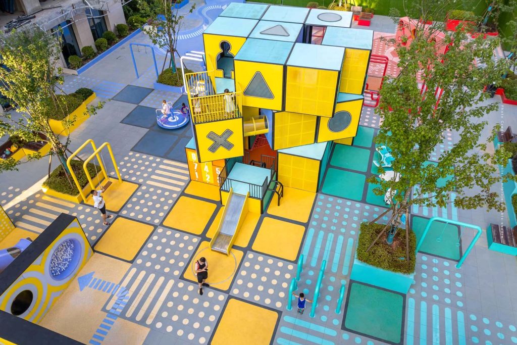 เรขาคณิต รูบิค จีน พื้นที่สาธารณะ Rubix Square จีน สนามเด็กเล่น พื้นที่ออกกำลังกาย